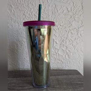 Starbucks 2014 Mirrored Diamond Tumbler In Gold With Purple Lid 24oz